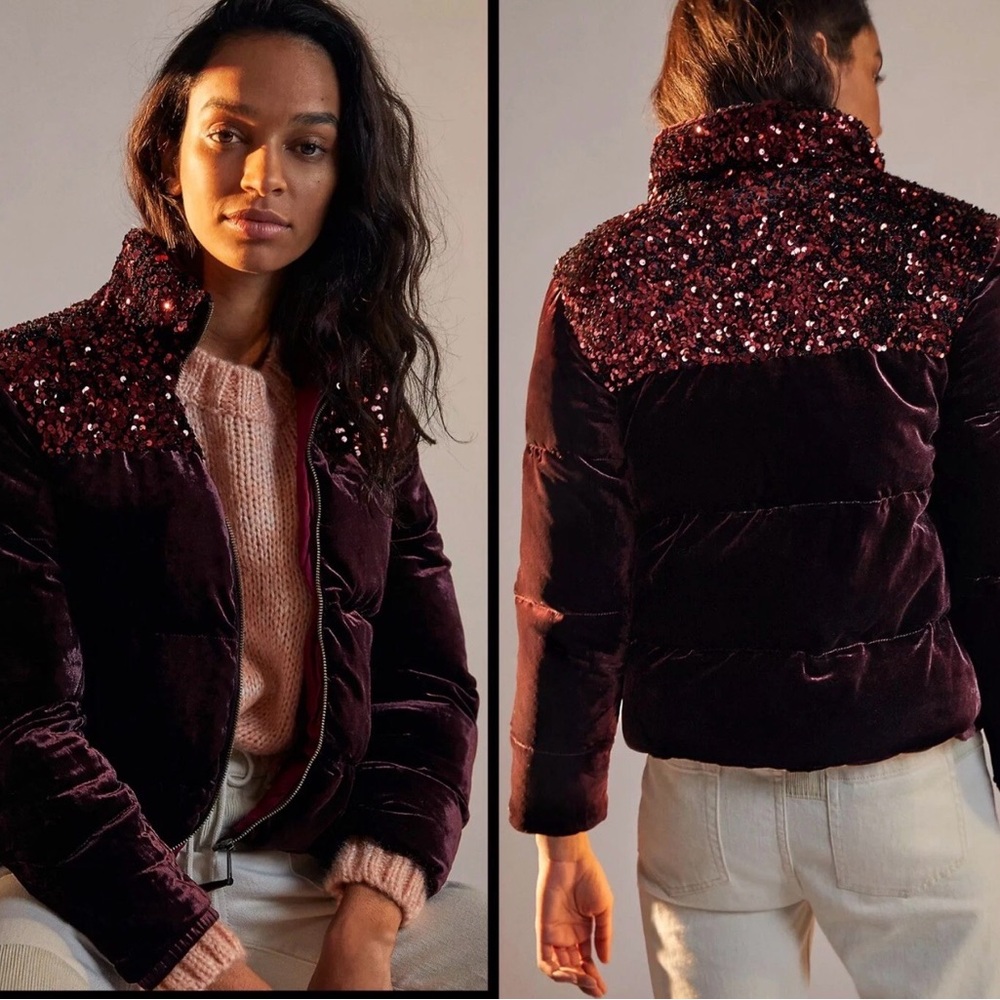 Anthropologie Maeve Vera Sequined Velvet Puffer Jacket Coat Wine S $248